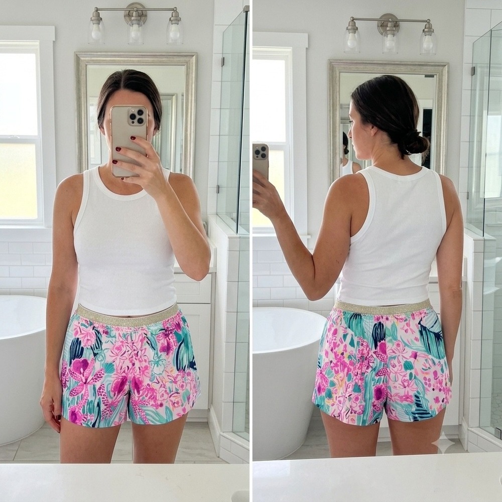Lilly Pulitzer Floral Print Shorts Large Pink Green Blue Gold Metallic Waistband
